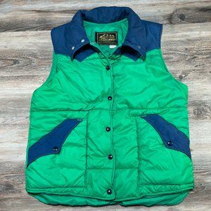 70s Vintage NYLON PUFFER VEST Green Blue Western Cut Retro Insulated Outdoors